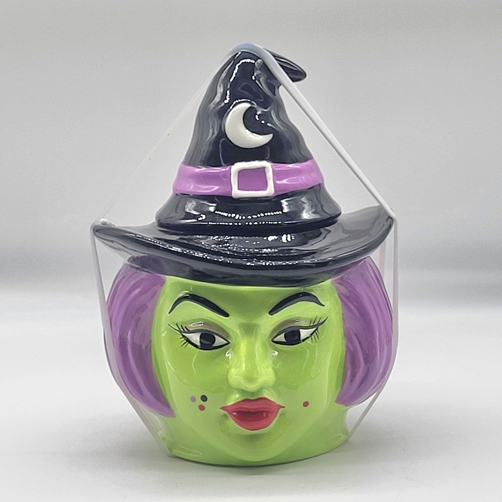 Halloween Witch Cookie Jar Green Face Purple Hair Black Hat 2026 NEW 9.5"